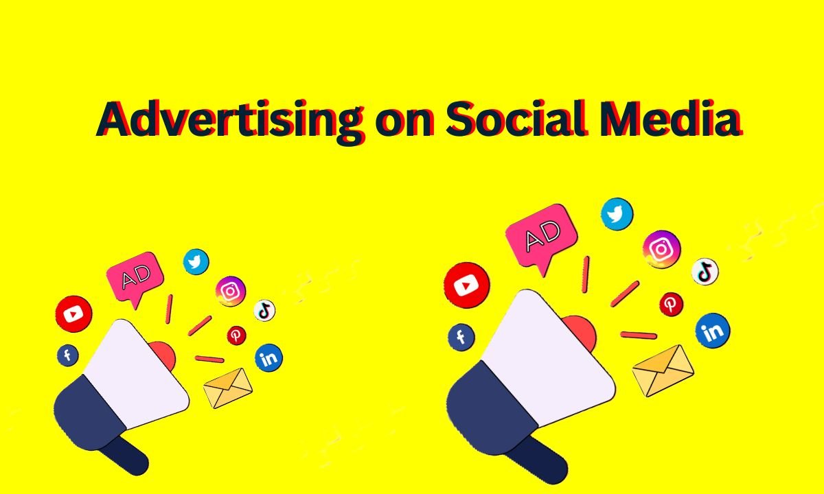 Yellow background with “Advertising on Social Media” text. Two megaphones surrounded by icons for YouTube, Facebook, Twitter, Instagram, TikTok, Pinterest, LinkedIn, and an email. Energetic and engaging tone.