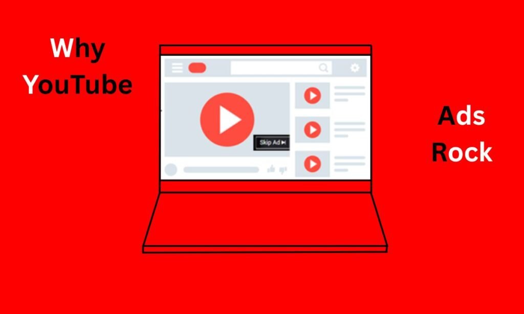 Illustration of a YouTube video ad on a laptop screen with a "Skip Ad" button. Red background with text "Why YouTube Ads Rock" in bold.