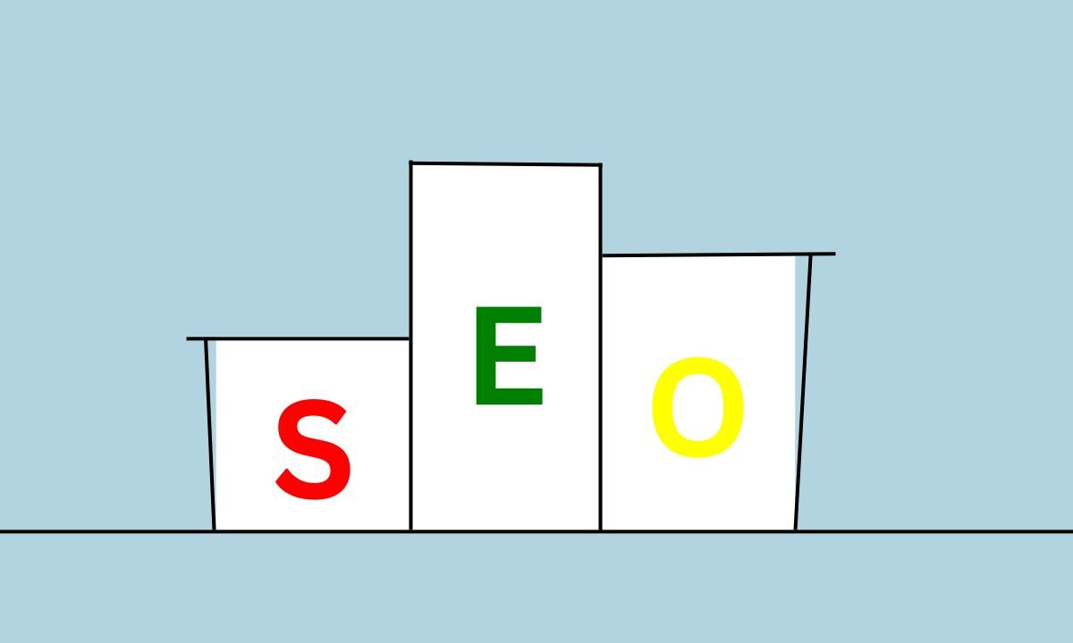 Stylized "SEO" text on podiums with the letters "S" in red, "E" in green, and "O" in yellow. Background in light blue, conveying a clean, modern feel.