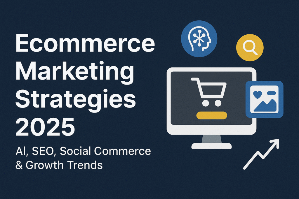 Ecommerce Marketing Strategies 2025 banner showing digital icons of AI, SEO, shopping cart, and growth trends on a modern dark blue background.