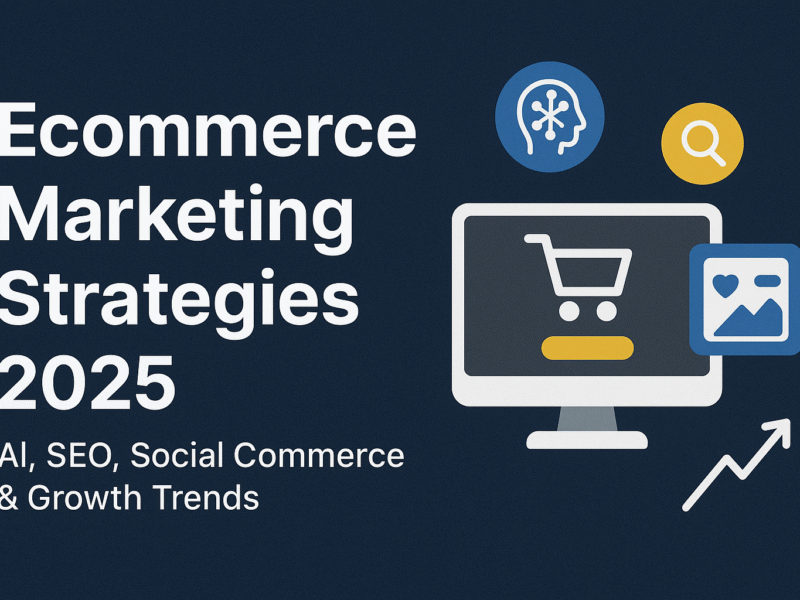 Ecommerce Marketing Strategies 2025 banner showing digital icons of AI, SEO, shopping cart, and growth trends on a modern dark blue background.