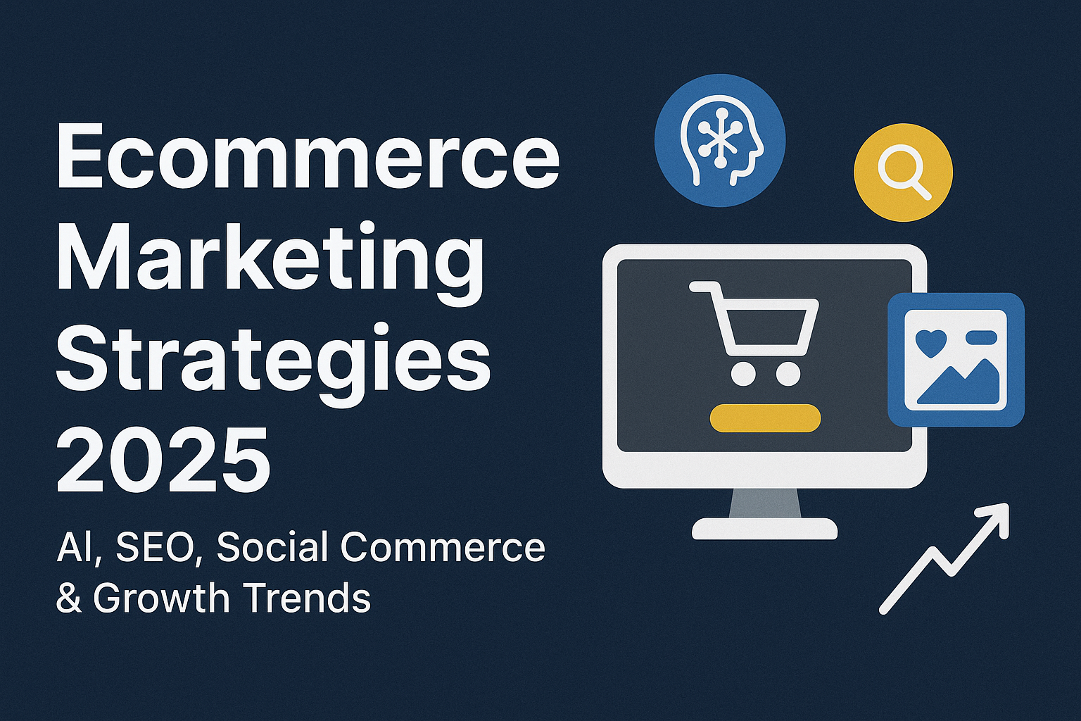 Blog Ecommerce Marketing Strategies 2025 banner showing digital icons of AI, SEO, shopping cart, and growth trends on a modern dark blue background.